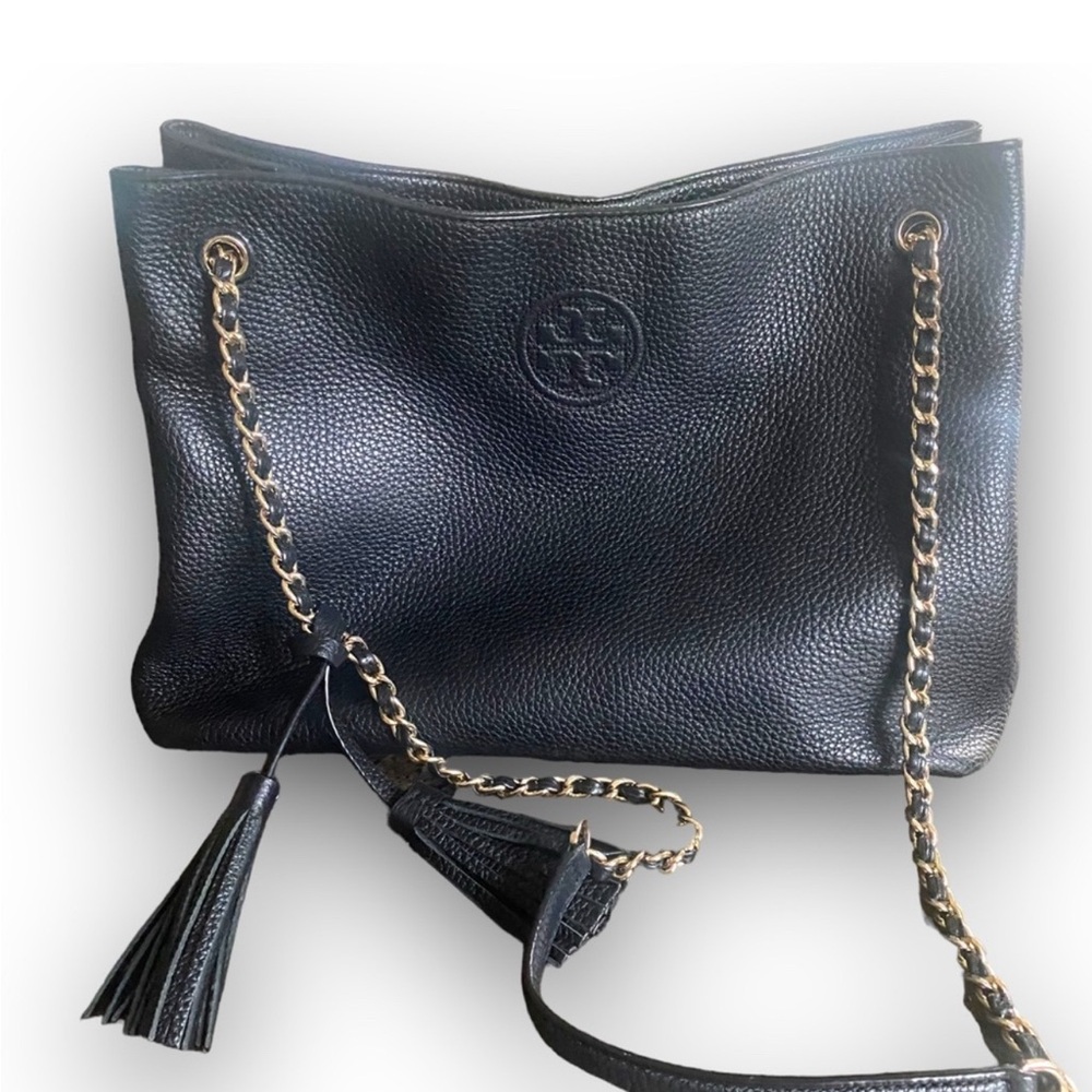 Tory Burch Black Leather Chain Tote Bag